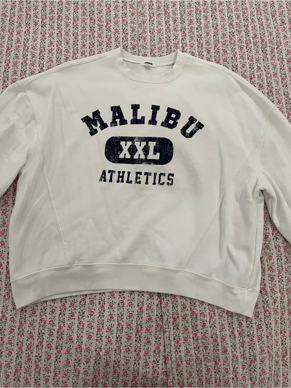 Garage White Crewneck Sweatshirt with Navy 'Malibu XXL Athletics' Print
